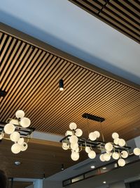 Modern Ceiling Design with Unique Lighting Fixtures
An elegant ceiling adorned with warm-toned wooden slats and creative, globe-style light fixtures, showcasing a blend of contemporary and mid-century modern design elements.